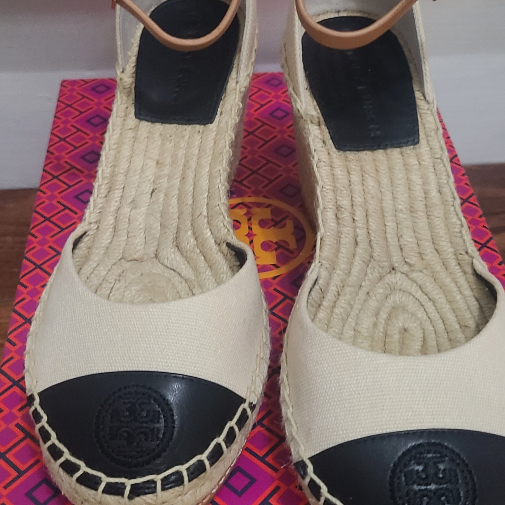 Tory Burch Black and Tan Espadrille Wedges